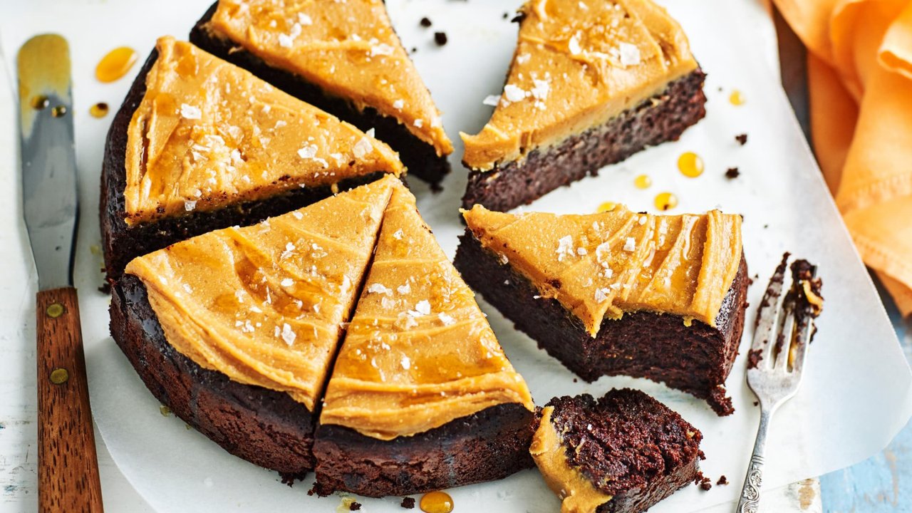 Salted Chocolate Cake with Peanut Butter Maple Icing 